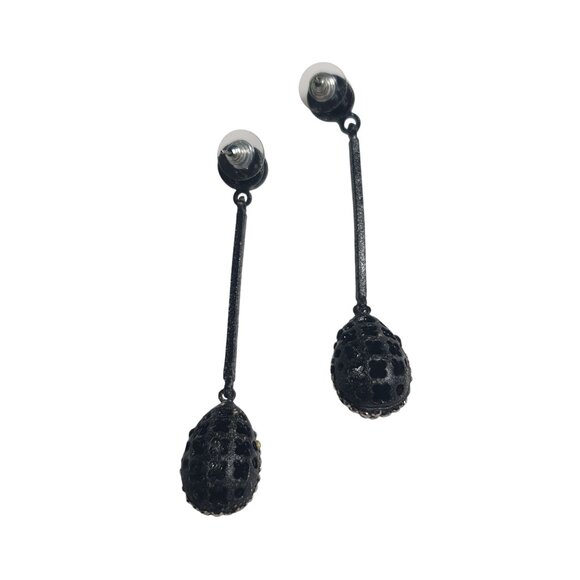 Black Long Drop Dangle Earrings Sparkling Rhinestone Detail Geometric Post Back - Picture 5 of 5